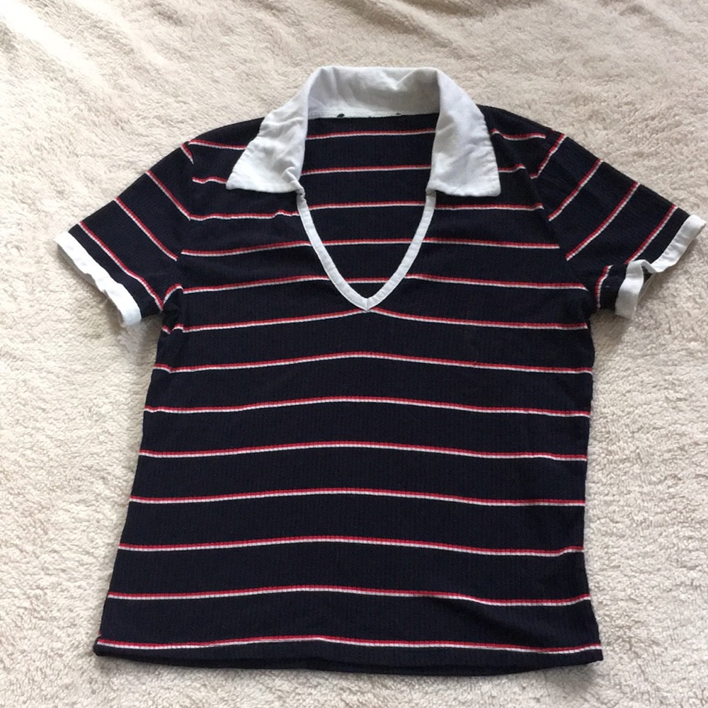 Forever 21 navy ribbed collared stripes t shirt
